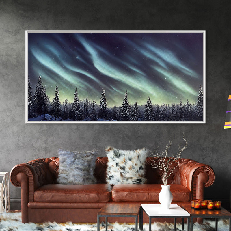 Aurora borealis over a snowy northern forest, canvas print, scenic winter landscape art, northern lights