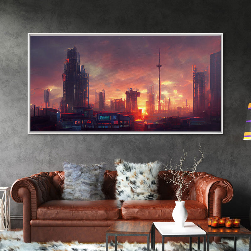 Watercolor of a cyberpunk city, canvas print, dystopian urban landscape at sunset, synthwave style