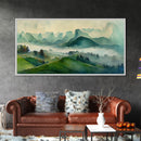 Green Blue Foggy Mountain Valley Watercolor Canvas Art Print, Panoramic Misty Rolling Hills Landscape, Extra Large Panorama Print