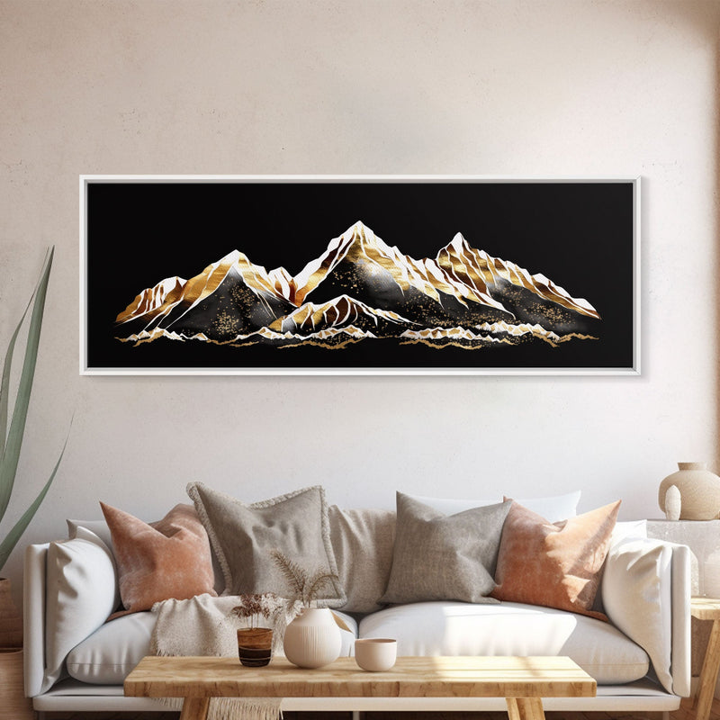 Black & Gold Mountain Landscape Painting, Framed Canvas Print, Panoramic Art, Extra Wide Art, Center Piece Decor, 24 x 72 Art, Huge Art