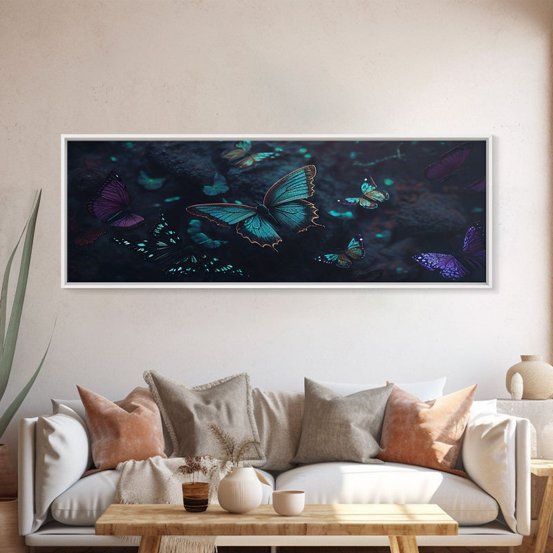 Blue Butterflies, Framed Canvas Print, Bioluminescent Glowing Butterfly Art, Framed Wall Art