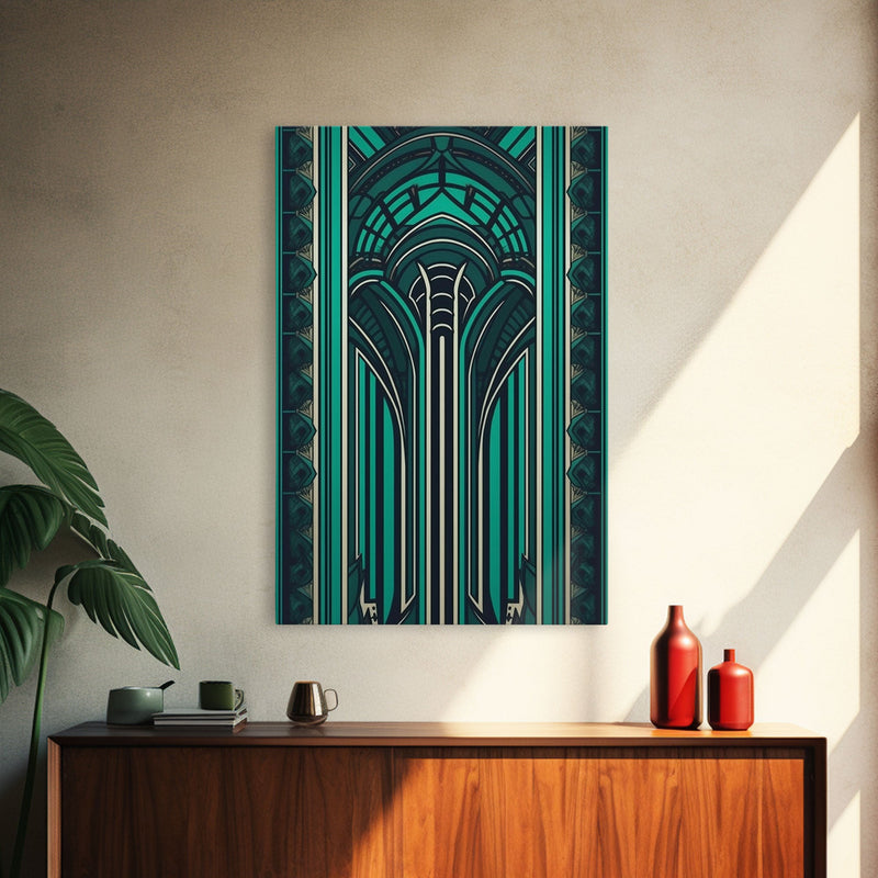 Art Deco Pattern Wall art, Framed Canvas Print, Art Deco, Green colors art, Patterns art, Office wall art, Wonderful art, Stained glass art