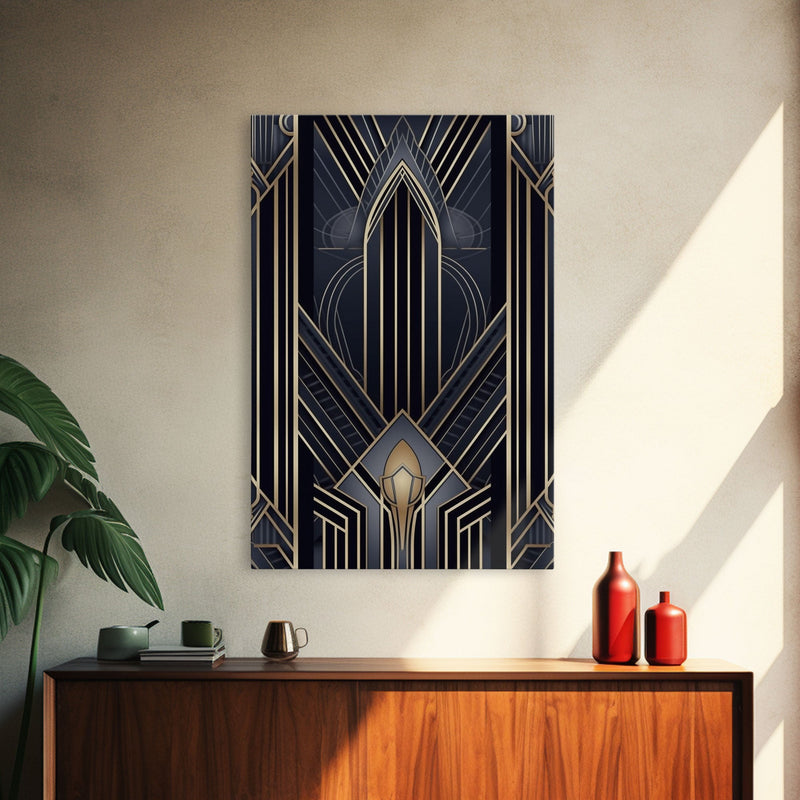 Art Deco Wall art, Framed Canvas Print, Art Deco, Gold & blue art, Guest room art, Midcentury Modern, Stained glass art, Original painting