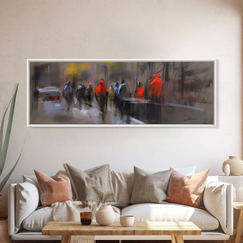 Abstract People On Street Canvas Print, Abstract Urban Art, Vibrant Art, Line Art City Wall Decor, Panoramic, Wall Art, Canvas Print