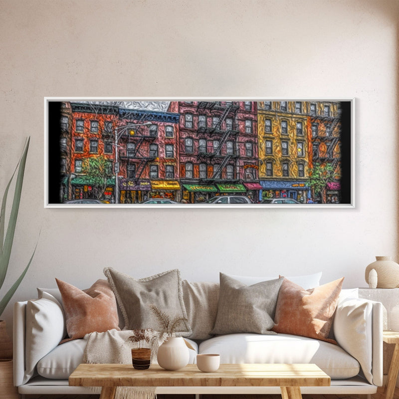 Abstract Row Of Buildings City Canvas Print, Large Urban Art Print, Cityscape Art, Vibrant Art, Panoramic, Wall Art, Canvas Print