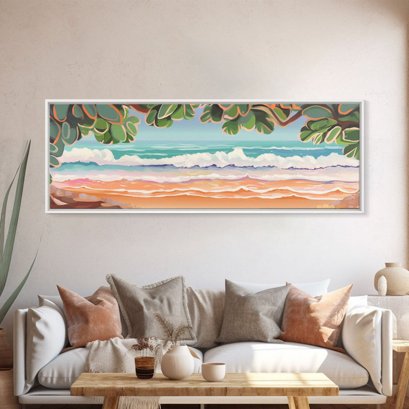 Beach Shore Art Canvas Print, Green Leaves, Canvas Beach Wall Art, Ocean Waves, Beach Sand Wall Art, Panoramic, Wall Art, Canvas Print