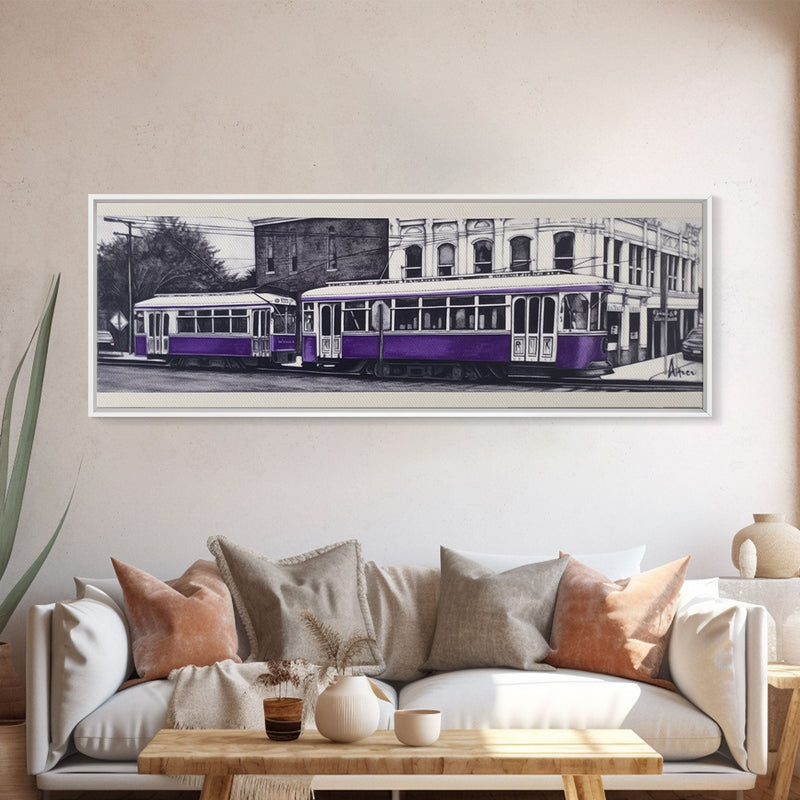 Purple Streetcar Art Print, Urban Art, Wall Decor, Color Pop, Wall Decor, Urban Framed Canvas Print, Panoramic, Wall Art, Canvas Print