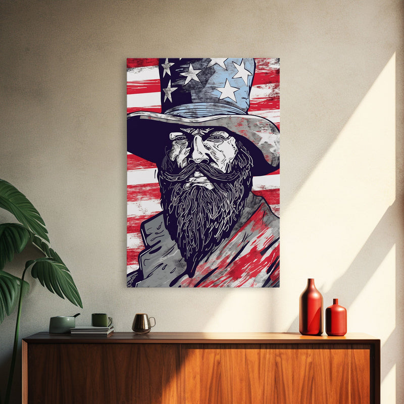 Wild West Uncle Sam Portrait, Patriotic Art, Framed Canvas Print, Stars and Stripes, Wall Art, Wild West Decor