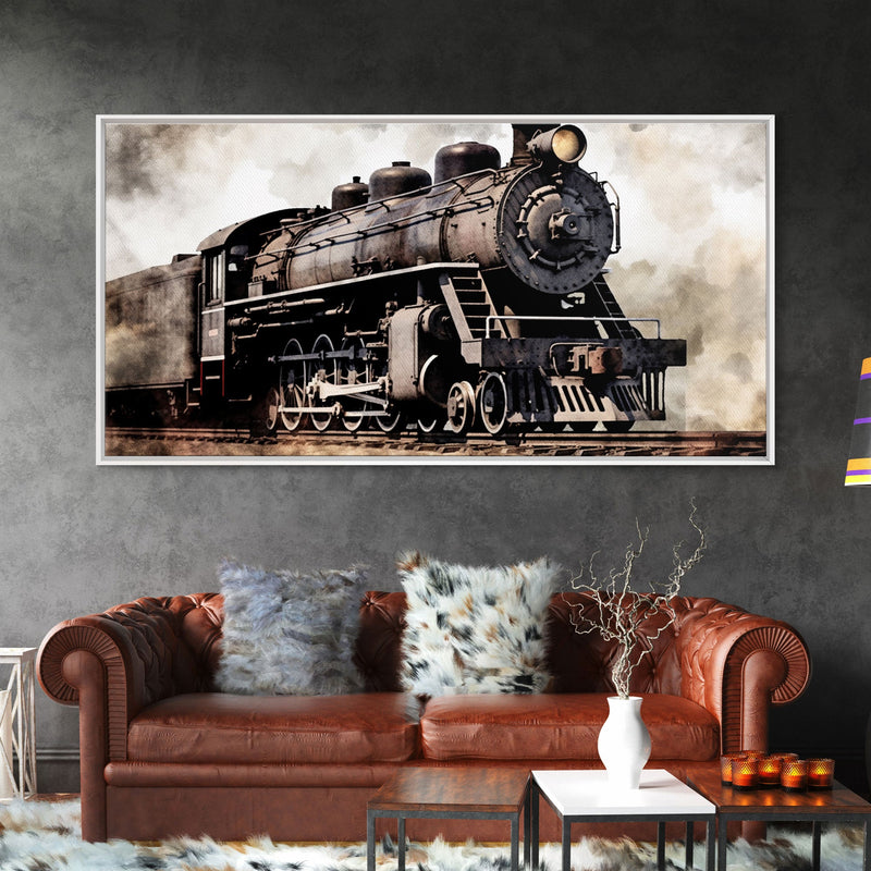 Black Steam Train Wall Art, Locomotive Wall Decor, Retro Train Wall Art, Panoramic Wall Decor, Canvas Print, Wall Art, Framed Canvas Art