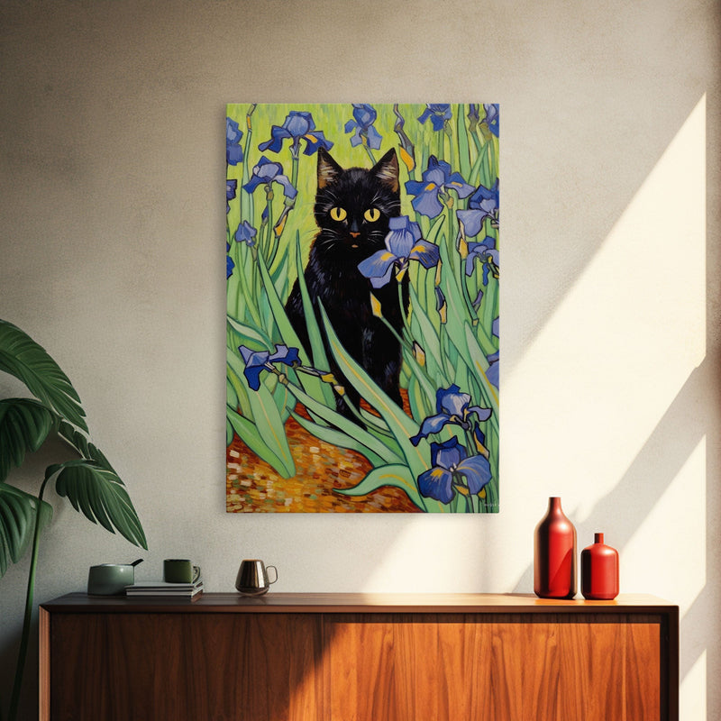 Vincent Van Gogh Inspired Irises Black Cat Wall Art, Framed Canvas Print, Poster Art, Funny Cat Print, Funny Gift, Home Decor Wall Art