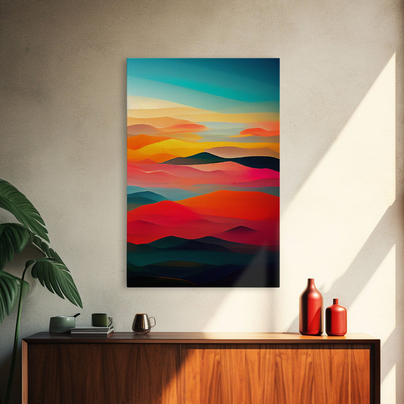 Art deco style clouds and sunset, midcentury modern art, canvas print, unique colorful wall art