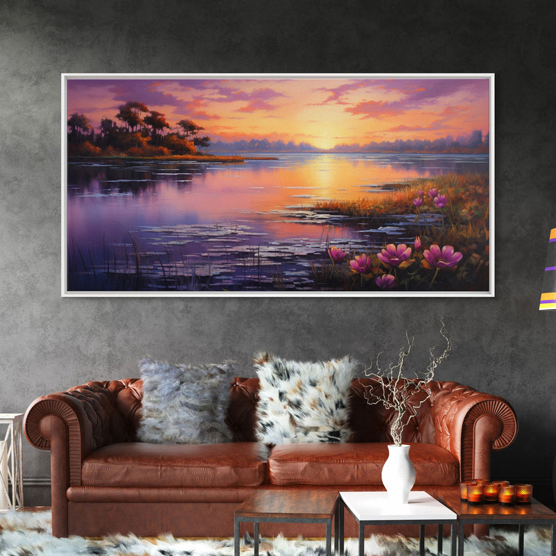 Beautiful Lake At Sunset, Framed Canvas Print, Landscape Oil Painting Print, Lakehouse Art, Lake Art, Lake House Decor, Nature Art