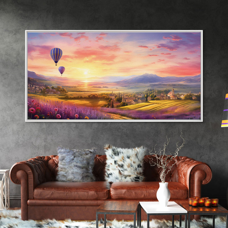 Beautiful Fields of Lavender, Framed Canvas Print, Wall Art, Boho Wall Decor, Sunset Painting, French Countryside, Farmhouse Art