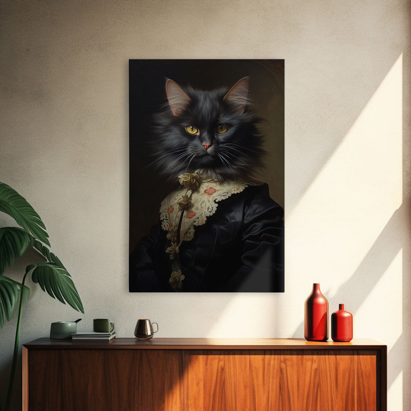 Victorian Cat Portrait, Funny Halloween Decor, Cute Cat Halloween Art, Framed Canvas Print