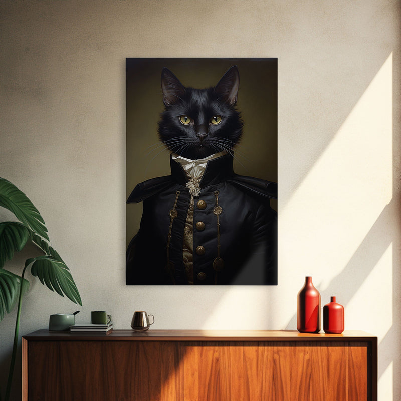 Admiral Meow Reporting For Duty, Victorian Cat Portrait Art, Framed Canvas Print, Gothic Dark Academia Wall Art