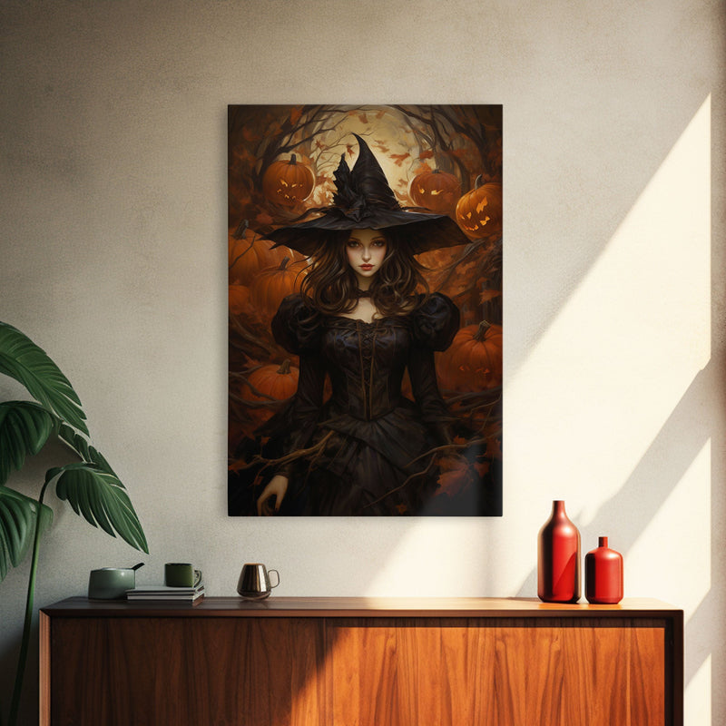 Beautiful Gothic Witch Art, Framed Halloween Canvas, Canvas Print, Spooky Halloween Wall Art, Halloween Deco, Witchy Art Pumpkin Patch Witch