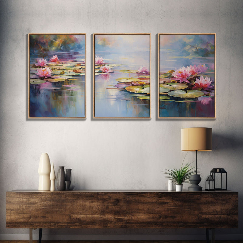 Water Lily Art, Lotus Wall Print, Lake Wall Art, Canvas Print, Wall Art, 3 Piece Wall Art, Botanical Art Print, Boho Wall Art, Kitchen Art