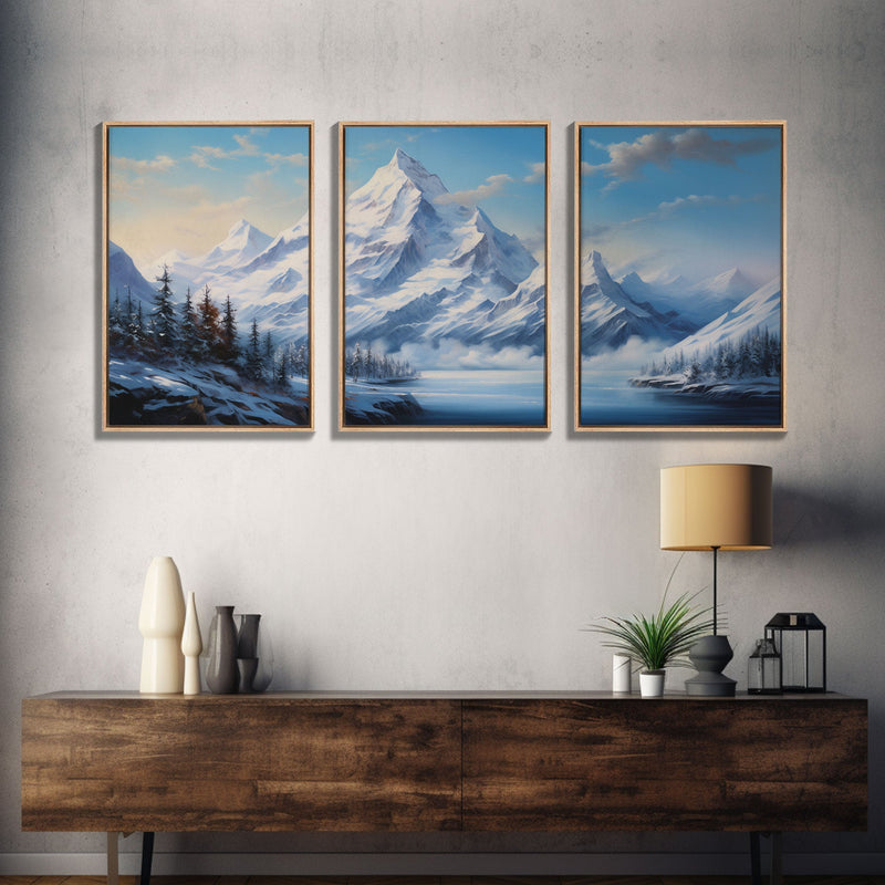 Winter Landscape, Lake Wall Art, Mountains Print, Winter Print, Canvas Print, Wall Art, 3 Piece Wall Art, College Dorm Decor, Kitchen Art