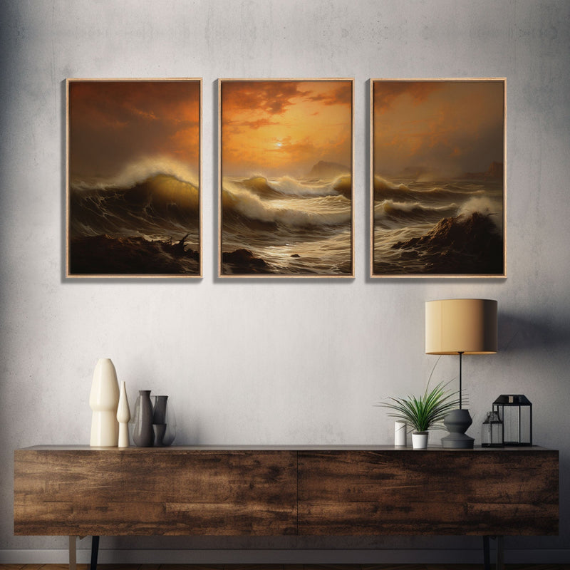 Beneath The Roaring Sea, Seascape Painting, 3 Piece Set, Framed Canvas Print, Cool Wall Art, Office Decor, Above Sofa Art