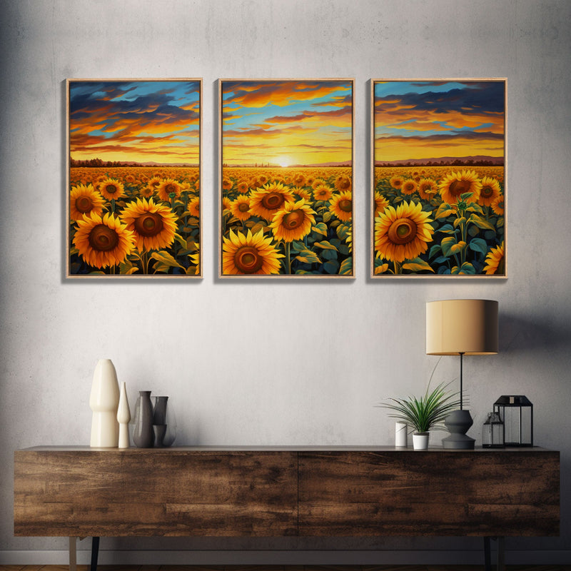 Beautiful Canvas Print Set | Sunflowers Wall Art Triptych | Botanical Print Set | Living Room Wall Art | Flower Illustrations | Flower Art