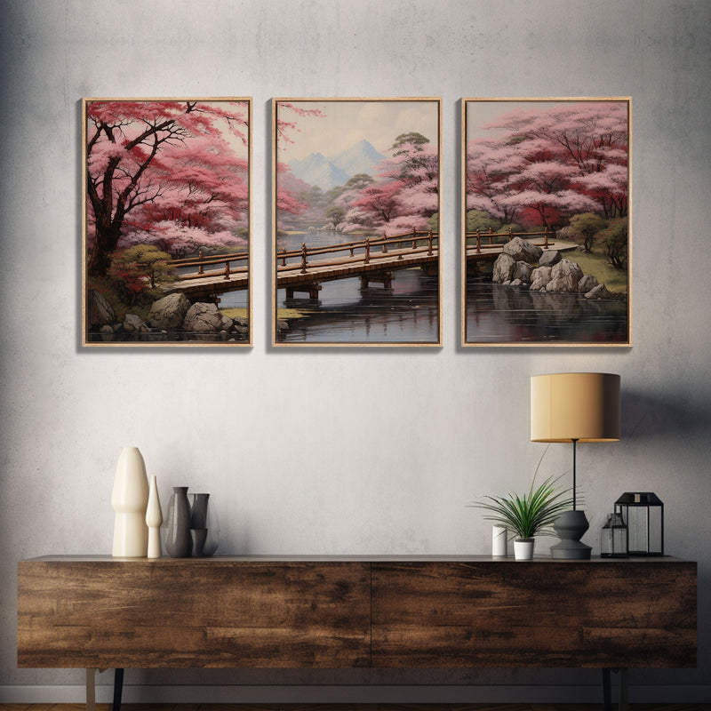 Wabi Sabi Decor, Framed Canvas Print, 3 Piece Set, Beautiful Japanese Maple Tree Garden