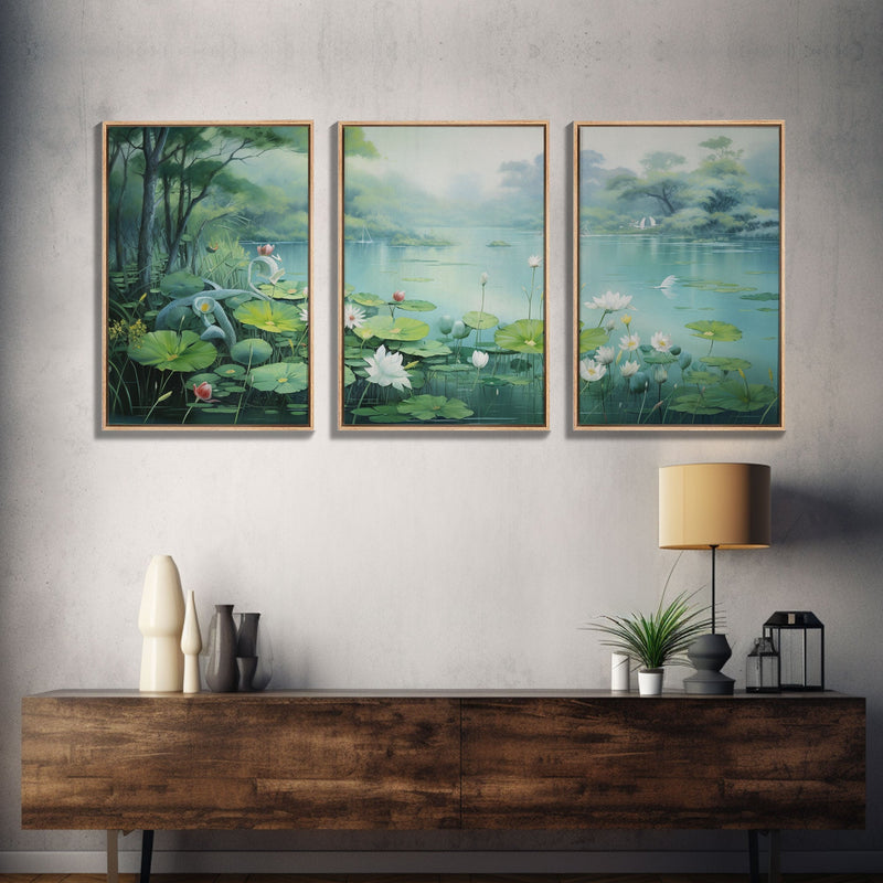 Water Lily Wall Art, Lake Wall Print, Zen Wall Art, Canvas Print, Set Of 3 Prints, Wall Art, 3 Piece Wall Art, Above Bed Decor, Office Print