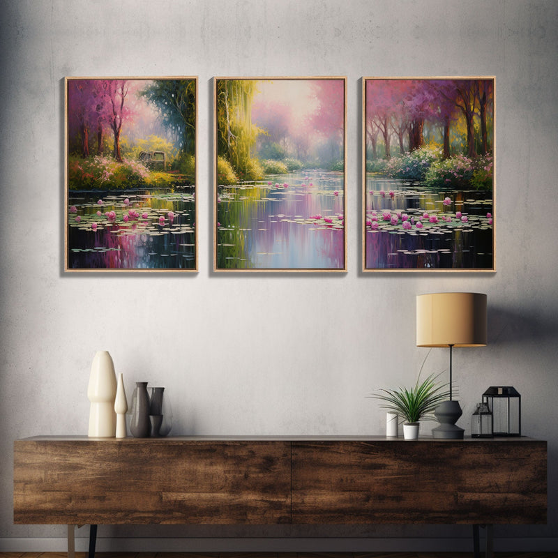 Zen Wall Art,  Lake Wall Art, Lotus Print, Canvas Print, Set Of 3 Prints, Wall Art, 3 Piece Wall Art, Dining Room Decor, Home Decor Prints