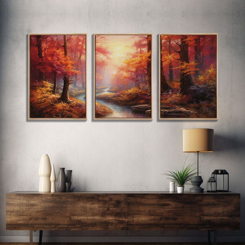 Beautiful Fall Centerpiece Art, Framed Canvas Print, 3 Piece Art, Thanksgiving Centerpiece, Above Sofa Art, Fall Finds, Landscape Painting