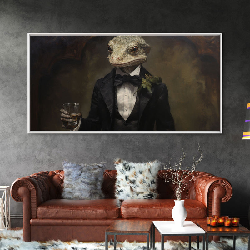 Victorian Gecko Business Man, Witch's Familiar Art, Halloween Decor, Framed Canvas Print, Halloween Wall Art, Victorian Gothic Art