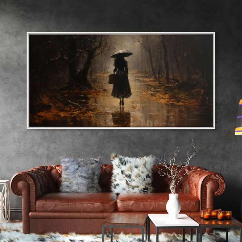 Witch Walking In The Rain, Witch Print, Framed Canvas or Poster, Victorian Oil Painting, Dark Academia, Witchcraft Decor, Witchy Art