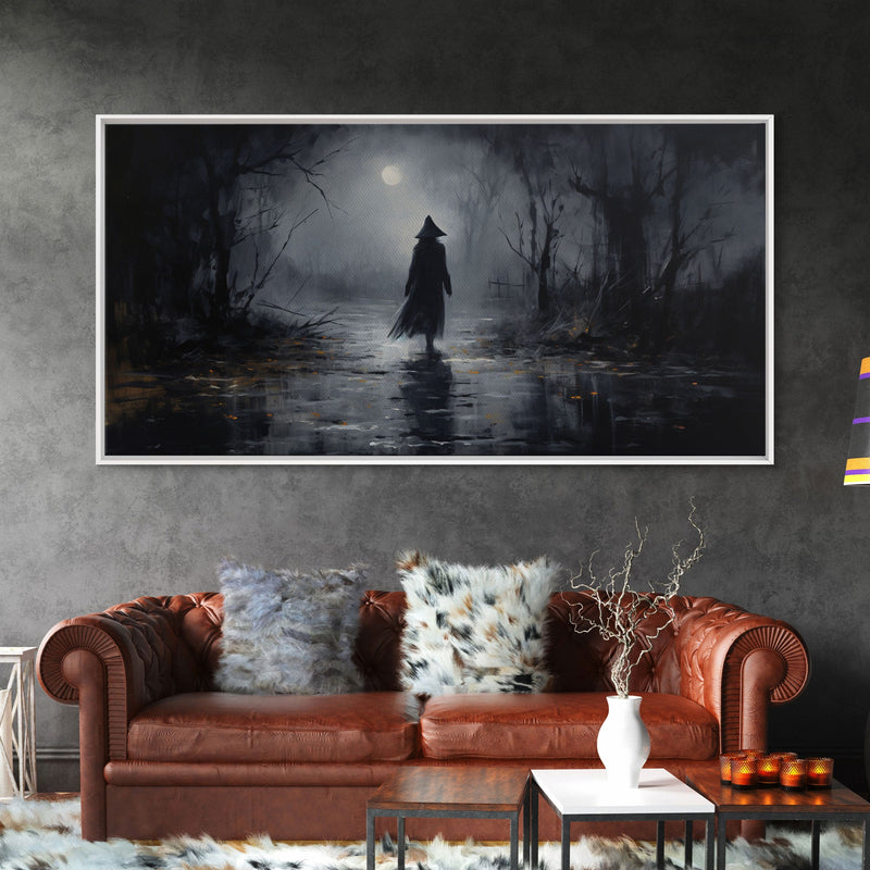 Witch Walking In The Rain Under A Full Moon, Witch Print, Framed Canvas or Poster, Victorian Oil Painting, Dark Academia, Witchcraft Decor