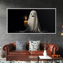 Silly Ghost Holding A Candle, Framed Canvas Print, Dark Academia Wall Art, Victorian Oil Painting Style Halloween Wall Art, Ghost Print