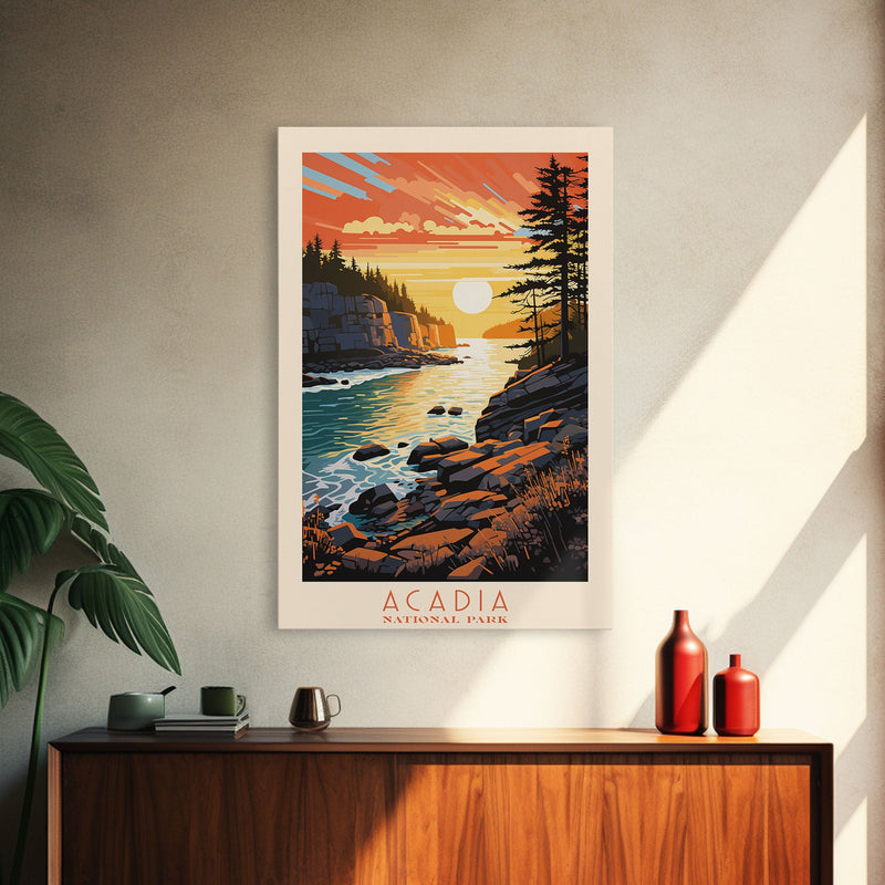 Acadia National Park, Framed Wall Art Canvas Print, Travel Poster, Travel Art, Roadtrip Decor, Cool Wall Art, Retro State Park Art