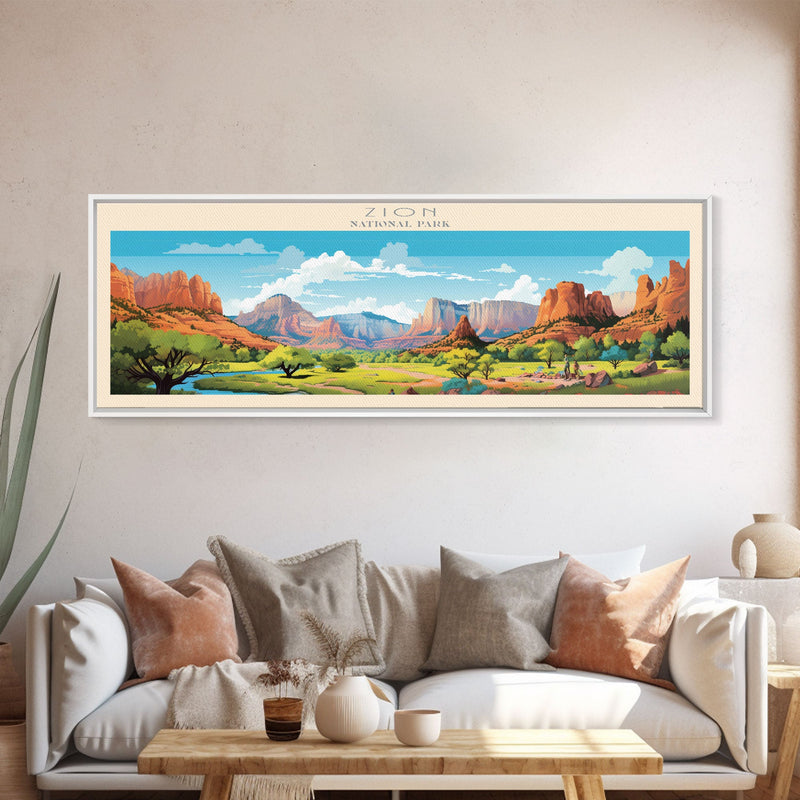 Zion National Park Panoramic Utah Travel Art, National Park Print, Minimalist Travel Art, Midcentury Modern Style Landscape