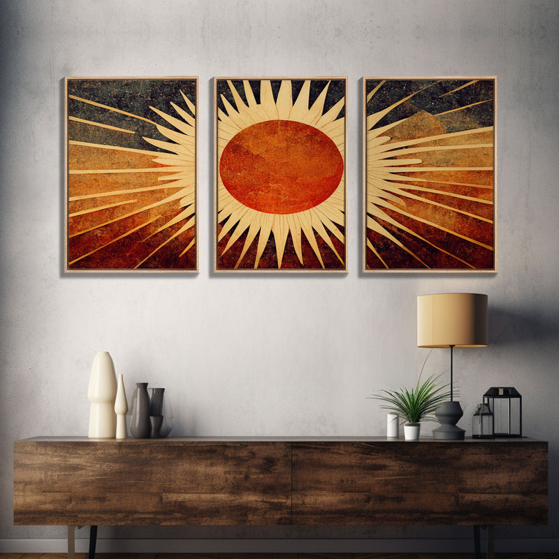 Abstract Midcentury Modern Sunburst, Art Deco Style art, sun with rays, sun burst, boho style, 3 Piece Wall Art, Ready To Hang Canvas Print