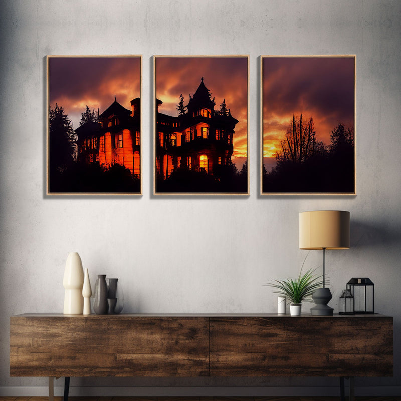 3 Piece Canvas Wall Decor, Ready To Hang Canvas Prints, Victorian Style Haunted House, Spooky Halloween Wall Art Decor