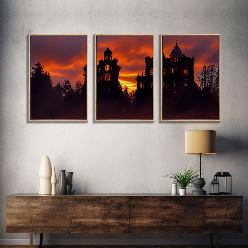 3 Piece Canvas Wall Decor, Ready To Hang Canvas Prints, Victorian Style Haunted House, Spooky Halloween Wall Art Decor