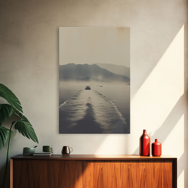 Boat Art, Black And White, Minimalist Wall Art, Mountain Wall Art, Canvas Print, Wall Hanging, Portrait Art, Nature Print, Nautical Print