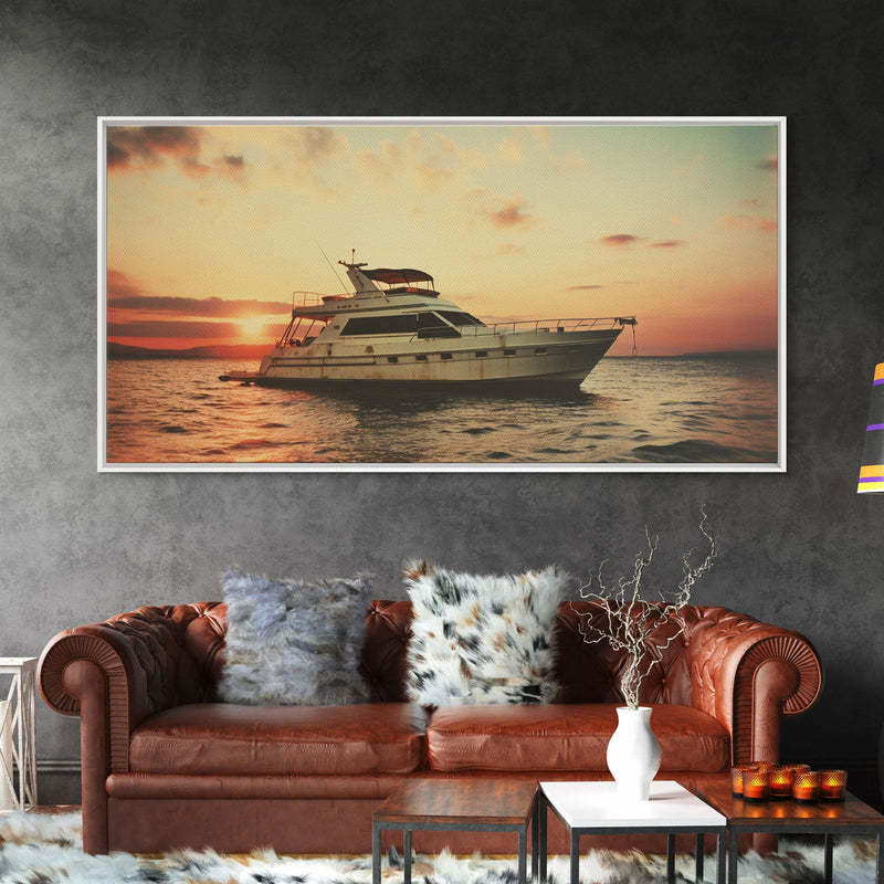 An Abandoned Yacht at Sunset - Framed Canvas Print - Nautical Decor - Vaporwave Art - Liminal Spaces - Urban Decay - Eclectic Wall Art