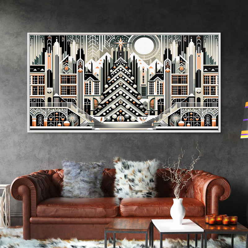 Art Deco Pattern Christmas Village - Framed Canvas Print - Retro Xmas Art - Christmas Decor - Christmas Wall Art - Christmas Art - Art Deco