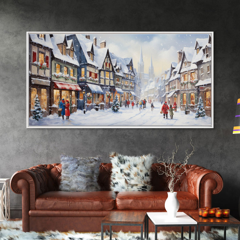 Winter Wonderland - Quaint European Village at Christmas Time - Framed Canvas Print - Christmas Decor