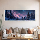Starry Night Northern Lights, Framed Canvas Print, Beautiful Night Sky Over A Snow Capped Forest, Winter Landscape Painting, Purple Skies