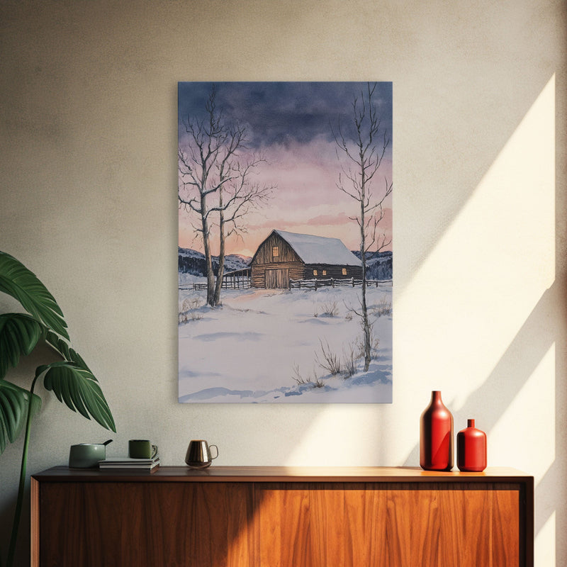 Barn In The Winter, Framed Canvas Print, Winter Landscape Print, Rustic Christmas Art, Primitive Decor