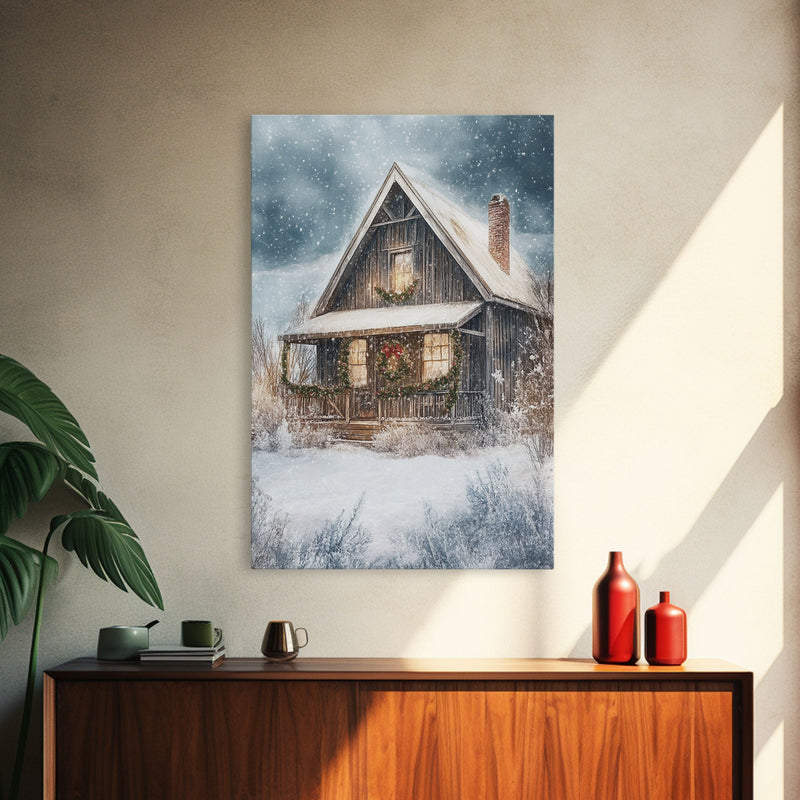 Beautiful Woods Cabin Framed Canvas Print, Extra Large Fall Decor, Mid Century Modern Winter Wall Art, Modern Christmas