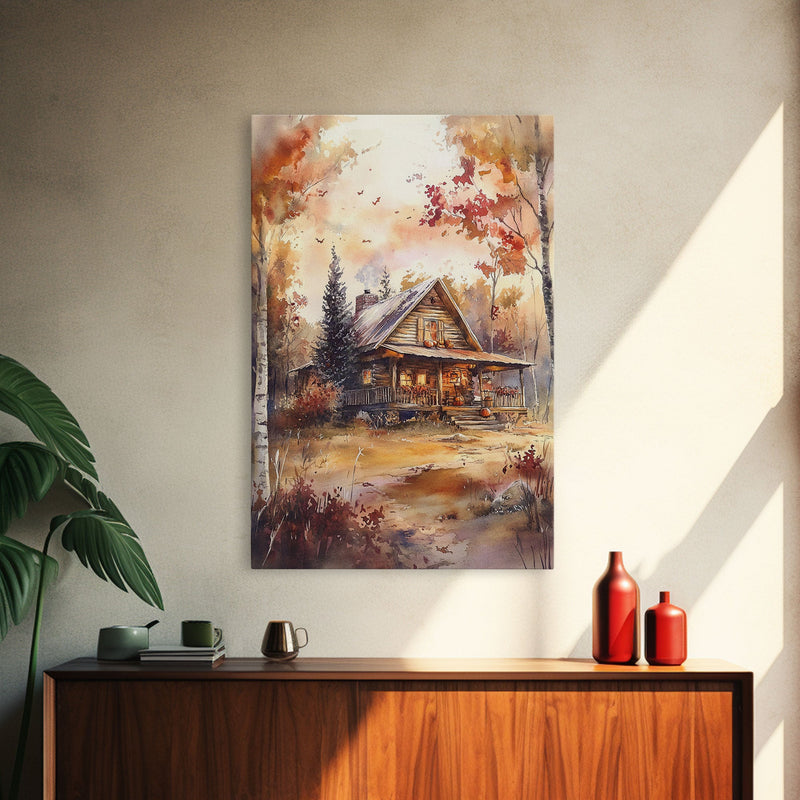 Beautiful Woods Cabin Framed Canvas Print, Extra Large Fall Decor, Mid Century Modern Autumn Wall Art, Modern Christmas