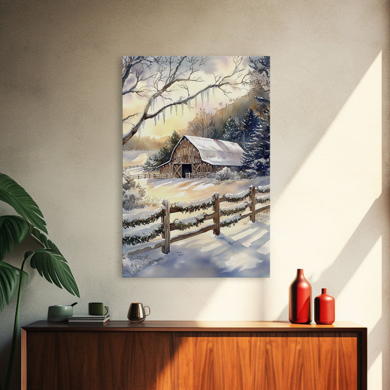 Winter Barn Painting Framed Canvas Print, Xmas Wall Art, Xmas Gift, Winter Wonderland Gift Idea, Western Decor