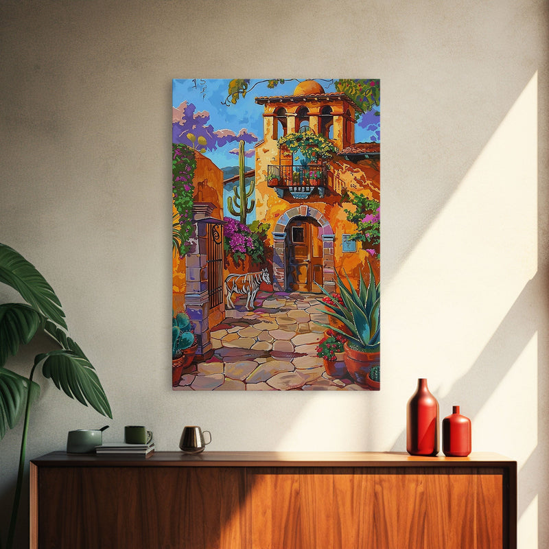 Bright Mexican Style Courtyard Tall Art Framed Canvas Print Featuring Vibrant Architecture And Desert Scenery