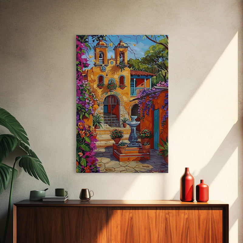 Bright Mexican Style Tall Art Framed Canvas Print Depicting Ornate Blue Door And Rustic Courtyard