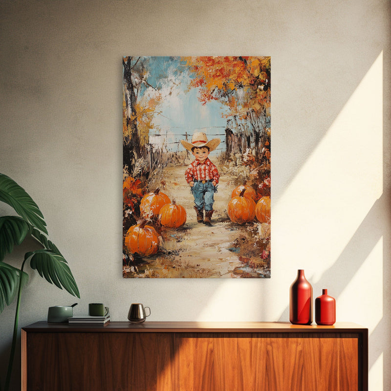 Autumn Cowboy Decor Canvas Print with Pumpkins, Fall Holiday Wall Art and Seasonal Gift Idea 2024