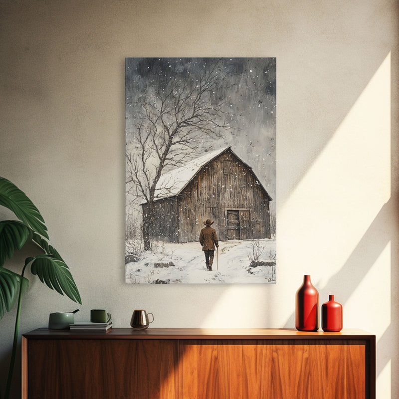 Winter Barn Snow Scene Framed Canvas Print - Moody Landscape Art Perfect Gift Idea 2024 Farmhouse Rustic Winter Wall Decor